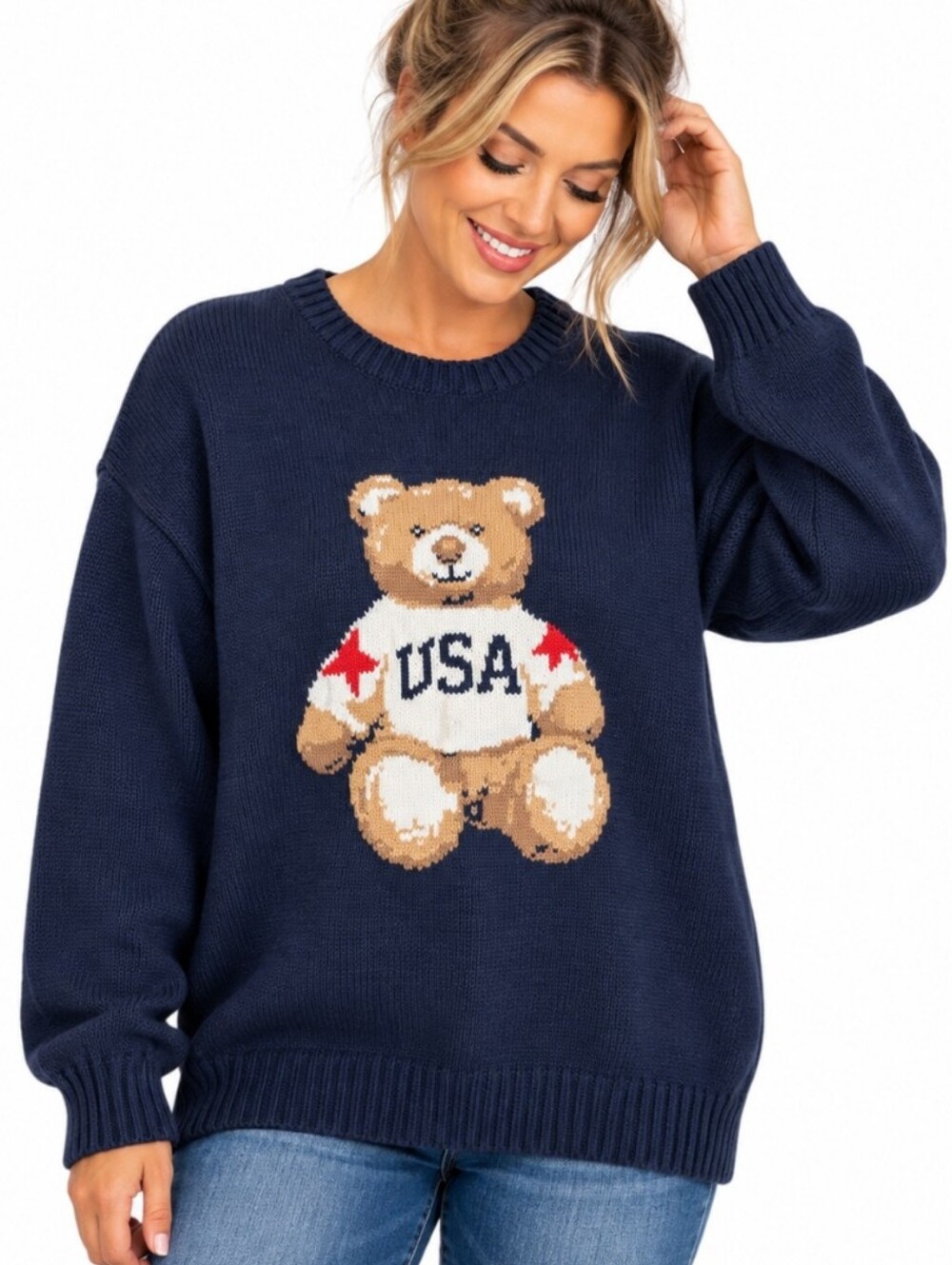 Mighty Fine USA Teddy Bear Navy Knit Sweater XXL Patriotic Preppy